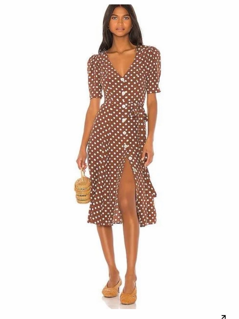 LPA Brown Polka Dot Wrap Midi Dress